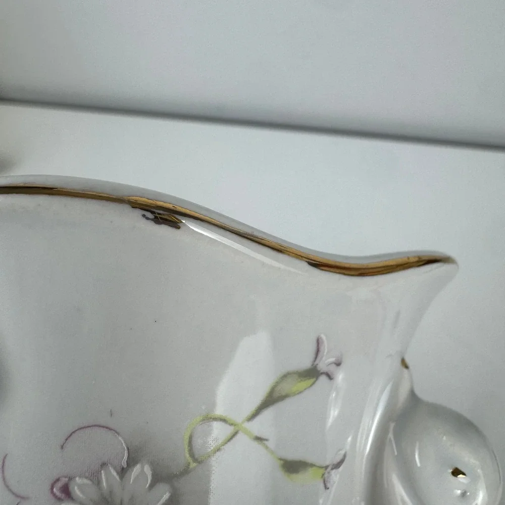 Vtg Valentin Italy Swan Handle Cachepot Planter Floral‎ Porcelain Gold Trim